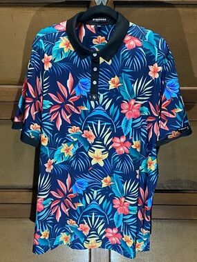 Byrd Gang Kaanapali Navy Tropical Print Polo with Black Collar Sz 2XL